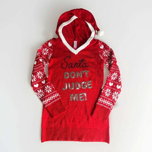 No Boundaries Santa Don’t Judge Me Red Hooded Christmas Sweater Sequins XS - Picture 1 of 9